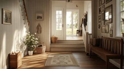 A cozy and bright entryway with wood flooring, a bench, and a large window looking out to a lush green field.