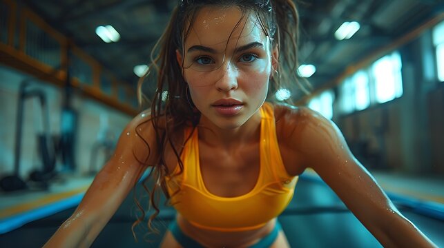 A high-energy image of a woman bouncing on a mini trampoline. her focus and strength highlighted. modern gym with sleek design and various equipment. dynamic lighting. hd quality. vivid style.