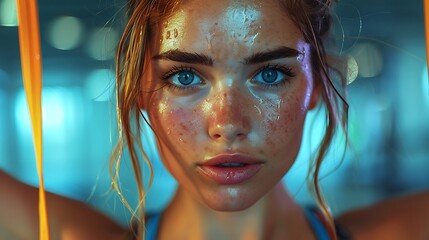 A high-energy image of a woman using resistance bands for strength training. her focus and strength highlighted. modern gym with sleek design and various equipment. dynamic lighting. hd quality.