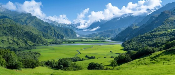 Obraz premium A scenic view of a valley encircled by mountains and a body of water encompassed by lush, green grass and trees