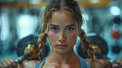 A photograph of a woman lifting heavy dumbbells. focusing on her muscle definition and strength. captured in a modern gym with a variety of equipment in the background.