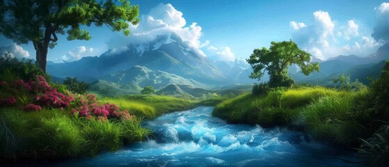 Fototapeta premium A painting of a river winding through a verdant meadow, surrounded by mountains in the backdrop, and adorned with blooming flowers in the foreground