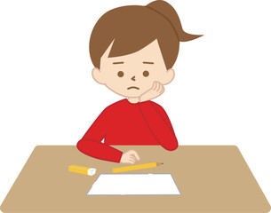 勉強しようと机に向かったけれども集中できず、頬杖をついて鉛筆を転がしている女の子