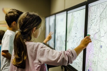 A teacher and students conducting a history lesson with interactive multimedia presentations and maps