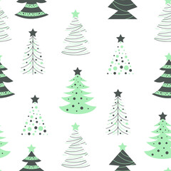 Seamless pattern of hand drawn Christmas trees. Doodle flat vector illustration