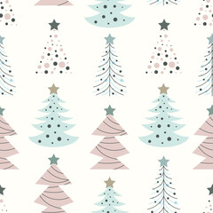 Seamless pattern of hand drawn Christmas trees. Doodle flat vector illustration