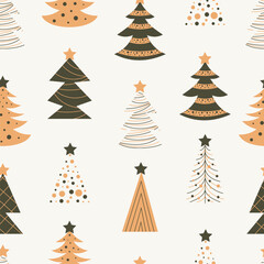 Seamless pattern of hand drawn Christmas trees. Doodle flat vector illustration