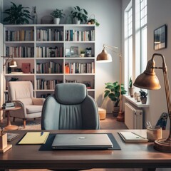 Inside the office there are chairs and a table. Computer monitors, documents, and shelves near the window
