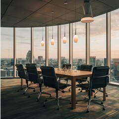 Inside the office there are chairs and a table. Computer monitors, documents, and shelves near the window
