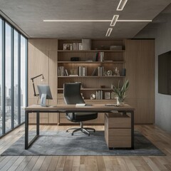 Inside the office there are chairs and a table. Computer monitors, documents, and shelves near the window
