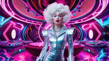 Trendy woman posing in futuristic neon interior design