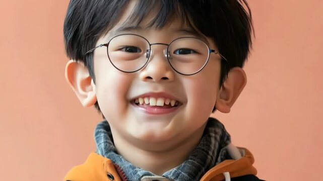 Portrait of Chinese child looking at camera and smiling isolated on plain background