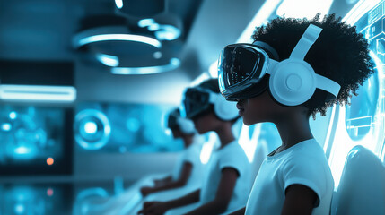 Black children in a futuristic educational environment, using VR helmets for interactive lessons, realistic and detailed