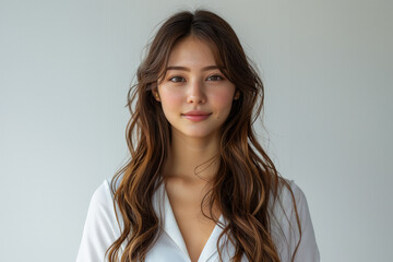 Obraz premium casual portrait features a young woman with straight hair and a soft smile, highlighted by a crisp white shirt and a bright, clean background.