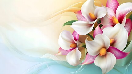 White and pink calla lilies with a pastel background. Template for quotes, and greeting cards.