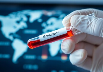 Naklejka premium Hand in white gloves holding a test tube with a red liquid and a label that reads 