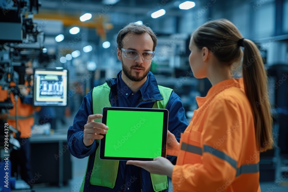 Poster industrial workers discussing a project on a tablet with a green screen in a modern factory