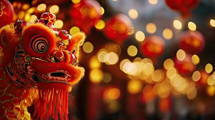 A vibrant dragon figure adorned with bright colors, set against a backdrop of glowing lanterns, capturing festive spirit and culture.
