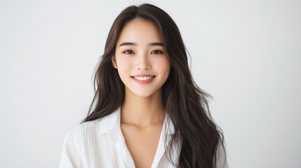 Obraz premium casual portrait features a young woman with straight hair and a soft smile, highlighted by a crisp white shirt and a bright, clean background.