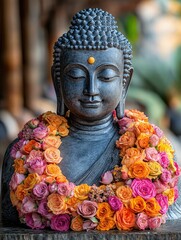 Serene buddha statue adorned with vibrant flower garland