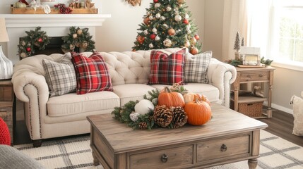 A cozy living room with a beige sofa, plaid pillows, a coffee table decorated with pumpkins and pine cones, and a Christmas tree in the background.