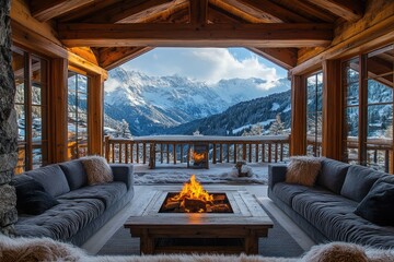 Warm and cozy living room overlooking snowy mountain view in winter