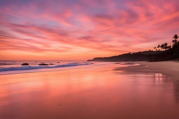 A peaceful beach at sunset with the sky painted in warm hues of orange and pink and gentle waves, AI Generated