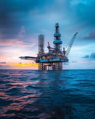 Majestic drilling rig silhouetted against colorful twilight sky over tranquil ocean.