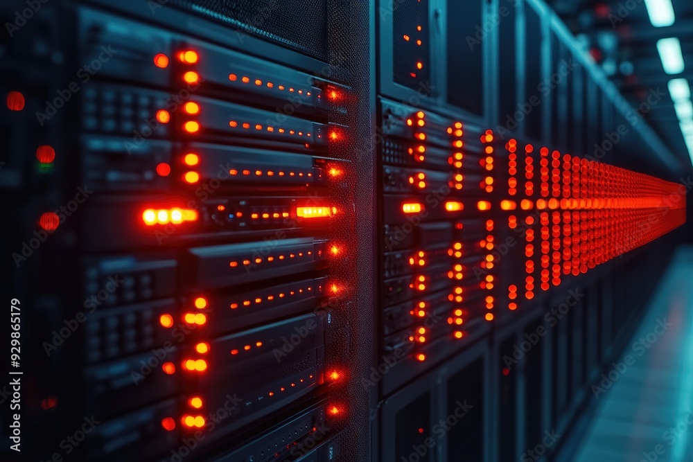 Poster Server rack blinking in data center with colorful lights
