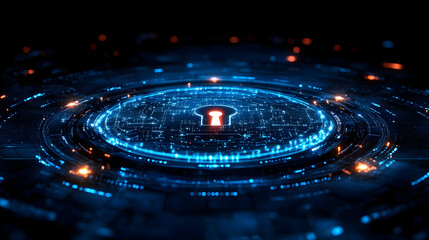 Obraz premium Digital lock symbol surrounded by glowing circuits and data.