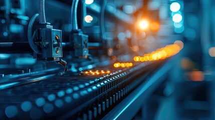 Close-up view of a modern conveyor belt system in an industrial setting with glowing lights and intricate machinery details.