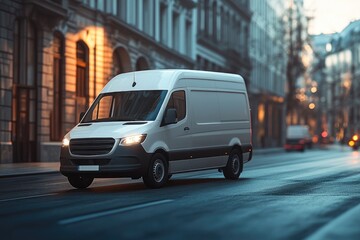 White delivery van driving on a street at dusk