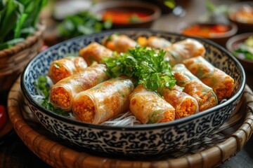 Fototapeta premium Delicious vietnamese shrimp spring rolls served with dipping sauce on rustic wooden table