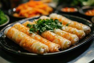 Delicious vietnamese shrimp spring rolls served with dipping sauce on rustic wooden table