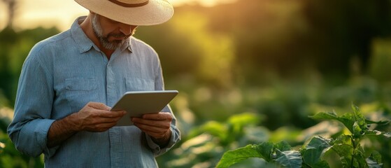 Farmer analyzing satellite data on a tablet to improve crop yield through precision agriculture, on isolate background with space for text