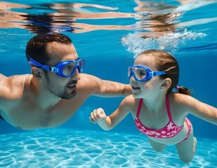 Naklejka premium A man dad and a girl daughter enjoy swimming underwater in a bright blue pool during a summer day
