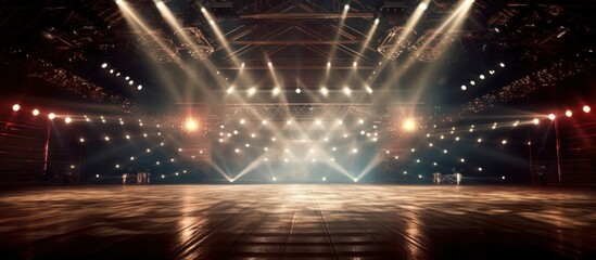 Illuminated Stage with Spotlights and Wooden Floor