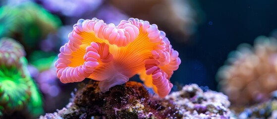 Fototapeta premium A tight shot of a solitary sea anemone clinging to coral, surrounded by other anemones in the background