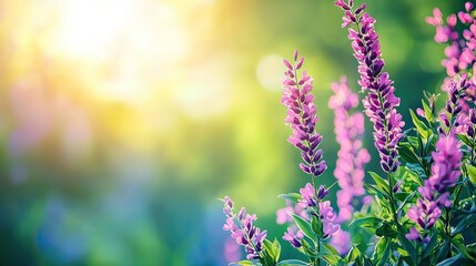 Vibrant purple flowers basking in sunlight, creating a serene and colorful garden atmosphere filled with nature's beauty.