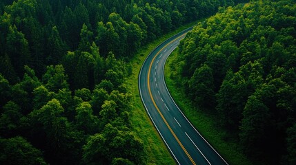 Fototapeta premium Winding road through lush green forest, showcasing nature's beauty and tranquility, perfect for travel and adventure themes.