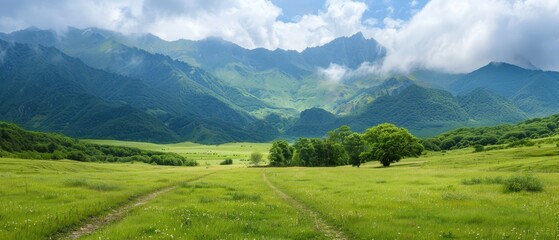  A grassy field with a dirt path running through its center Behind, a mountain range backdrop with scattering clouds in the sky