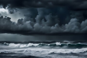 Obraz premium A stormy ocean with dark towering waves and ominous clouds creating a dramatic intense scene, AI Generated