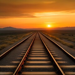 Obraz premium photo-of-a-train-track-crossing-a-landscape-at-sunset-with-a-golden-orange-sky-and-stretching-cloud