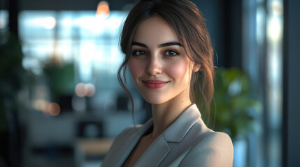 Naklejka premium Business woman smiling in office, highly detailed, 8k resolution, realistic lighting, high resolution, unreal engine