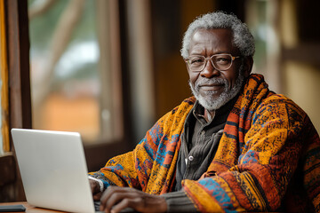 Obraz premium Senior man in a cozy cafe, focused on working with a laptop, symbolizing active aging and digital literacy. 