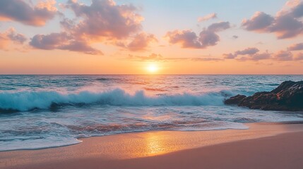 Fototapeta premium A sunset over the ocean with waves crashing on the shore and rocks. Seascape with sand beach, cloudy sky.
