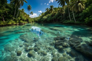 A tropical lagoon with crystal clear water surrounded by dense jungle and towering palm trees, Ai Generated