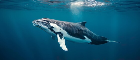 Obraz premium A humpback whale swims in the ocean with its mouth agape, exposing it to the surface