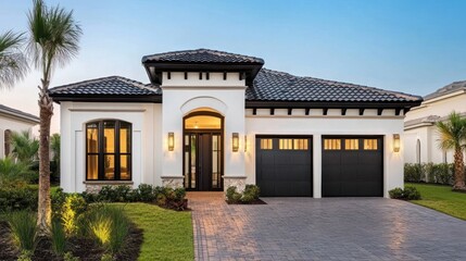 Fototapeta premium Modern two-story home with white exterior, black tiled roof, and black garage doors.