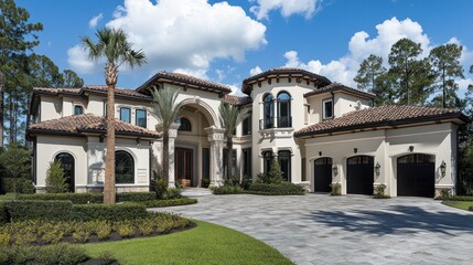 Fototapeta premium A large, white, mediterranean-style house with a tile roof, palm trees, and a paved driveway.